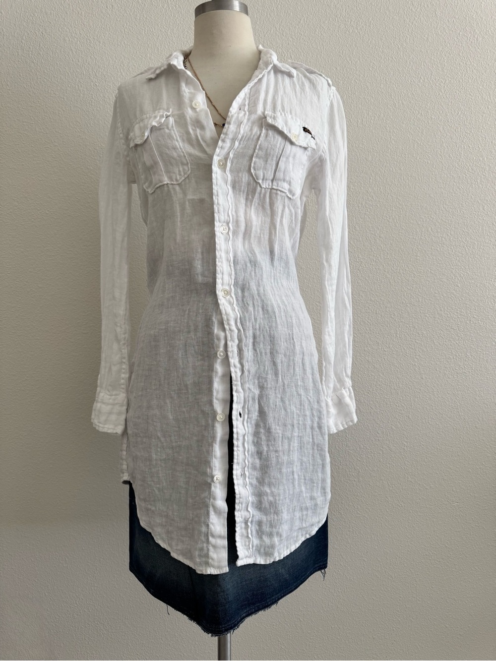 Civilianaire Long Sleeve Officer White Linen Shirt Dress Size XS
